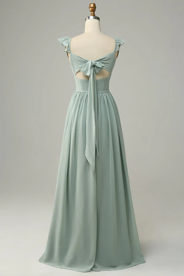 Luolandi A Line Grey Sage Lotus Edge Bridesmaid Dress Floor Length